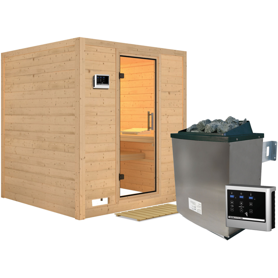 Karibu Sauna Mojave, 9 kW cmd ext. Easy Finnisch, Porte tout verre,sans corniche,vitrage claire