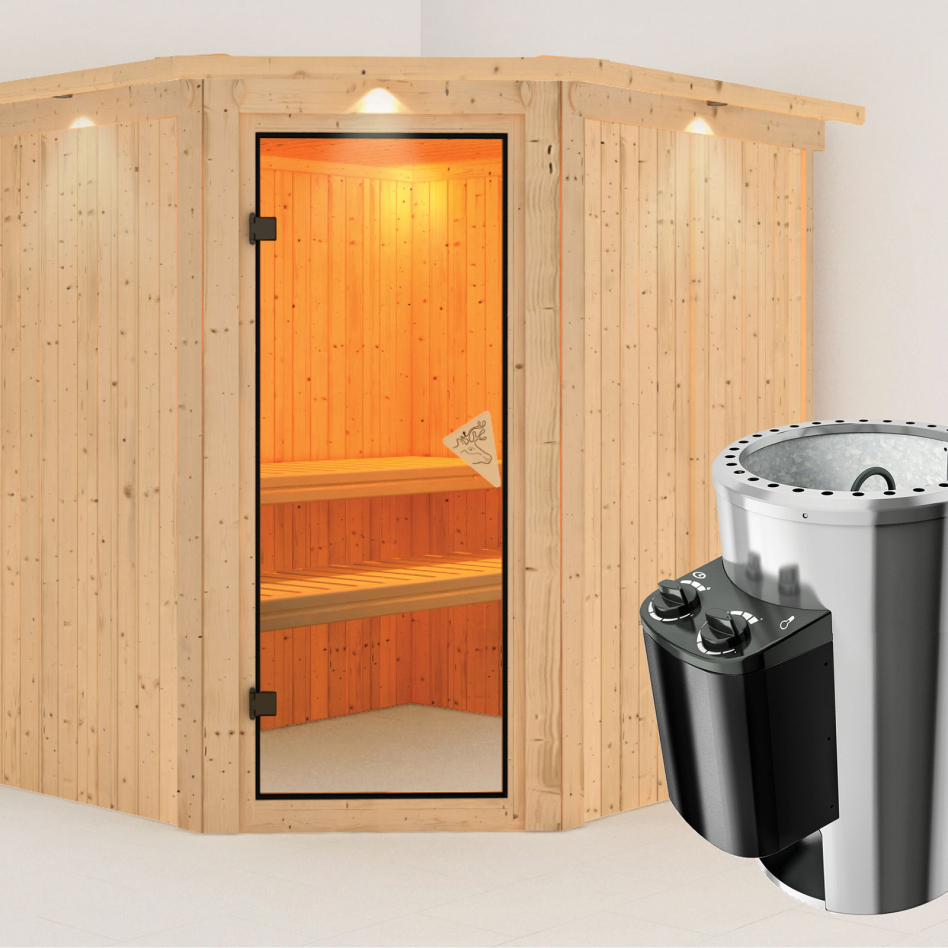 Sauna Karibu Lilja, 3,6 kW Ofen, Plug&Play int. Steuerung, avec costière de toiture,bronzé,Porte tout verre