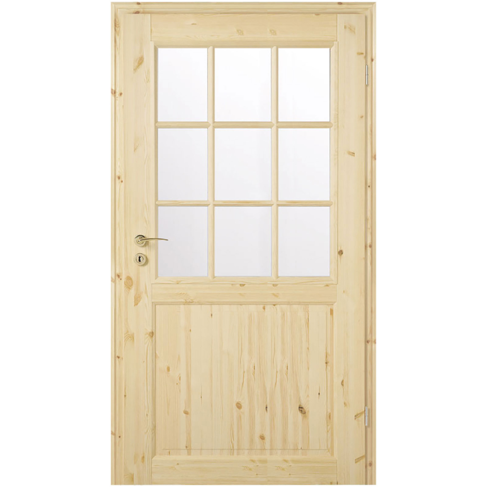 Kilsgaard Zimmertür Holz mit Glas Typ 02/SP6 - SP9 Kiefer unbehandelt, DIN Rechts, 860x2110 mm,ESG Klarglas (9 Sprossen)