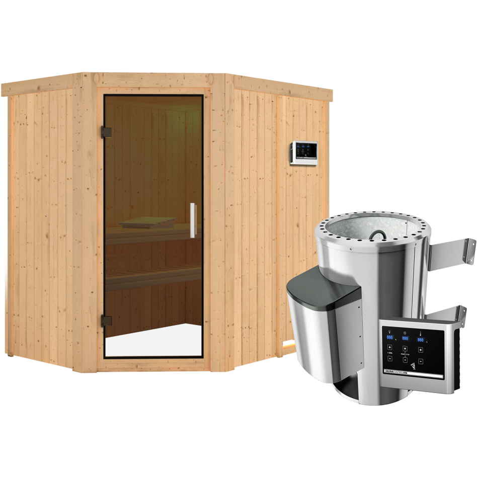Sauna Karibu Saja, Easy Finnisch 3,6 kW Ofen, graphit,Porte tout verre,sans corniche