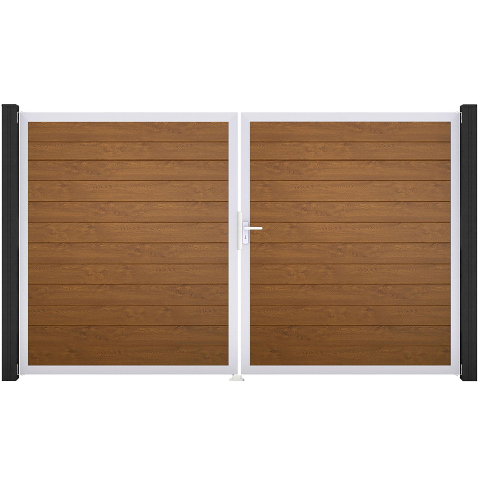 GroJa Doppeltor BasicLine schmal PVC-Steckzaun Golden Oak , DIN Rechts, Silber EV1