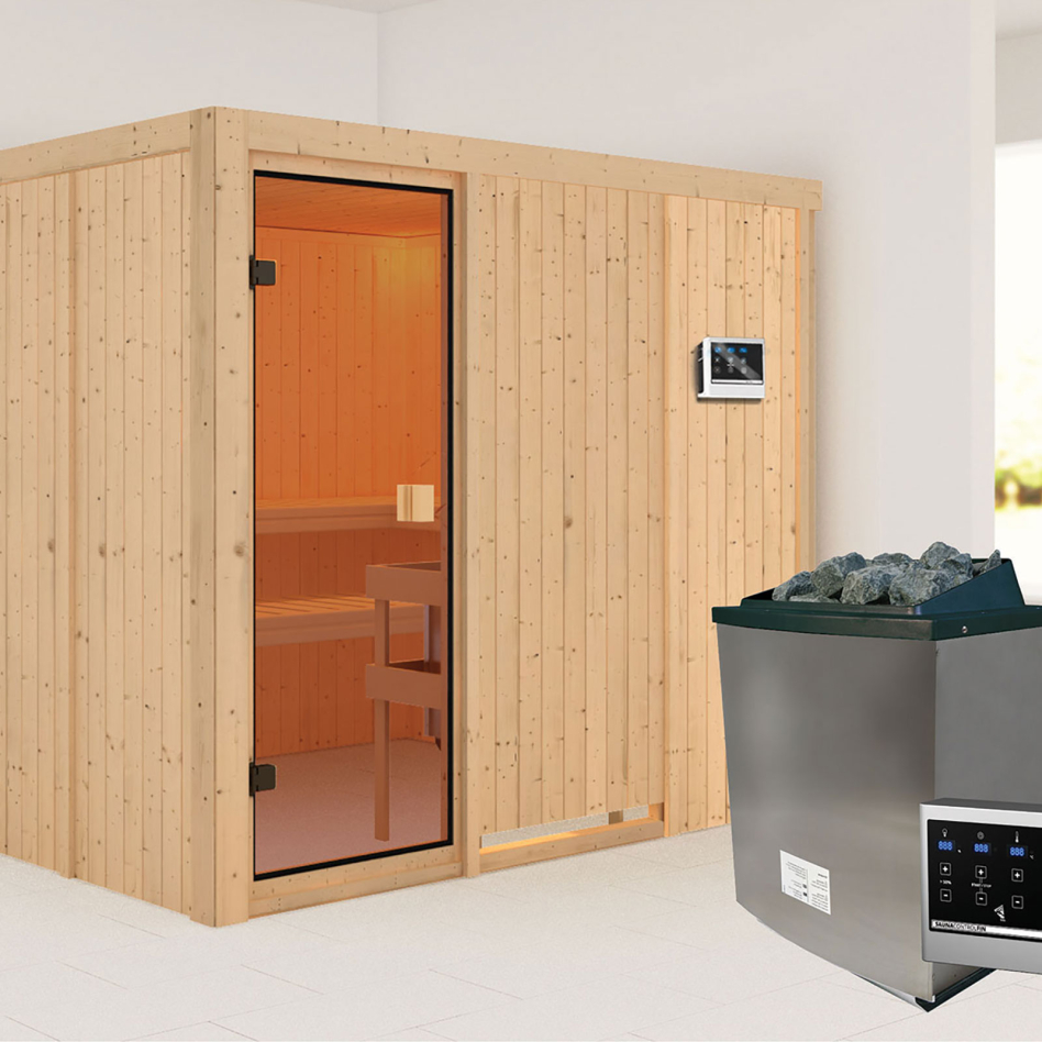 Sauna Karibu Woodfeeling Nybro, 9 kW cmd ext. Easy Finnisch