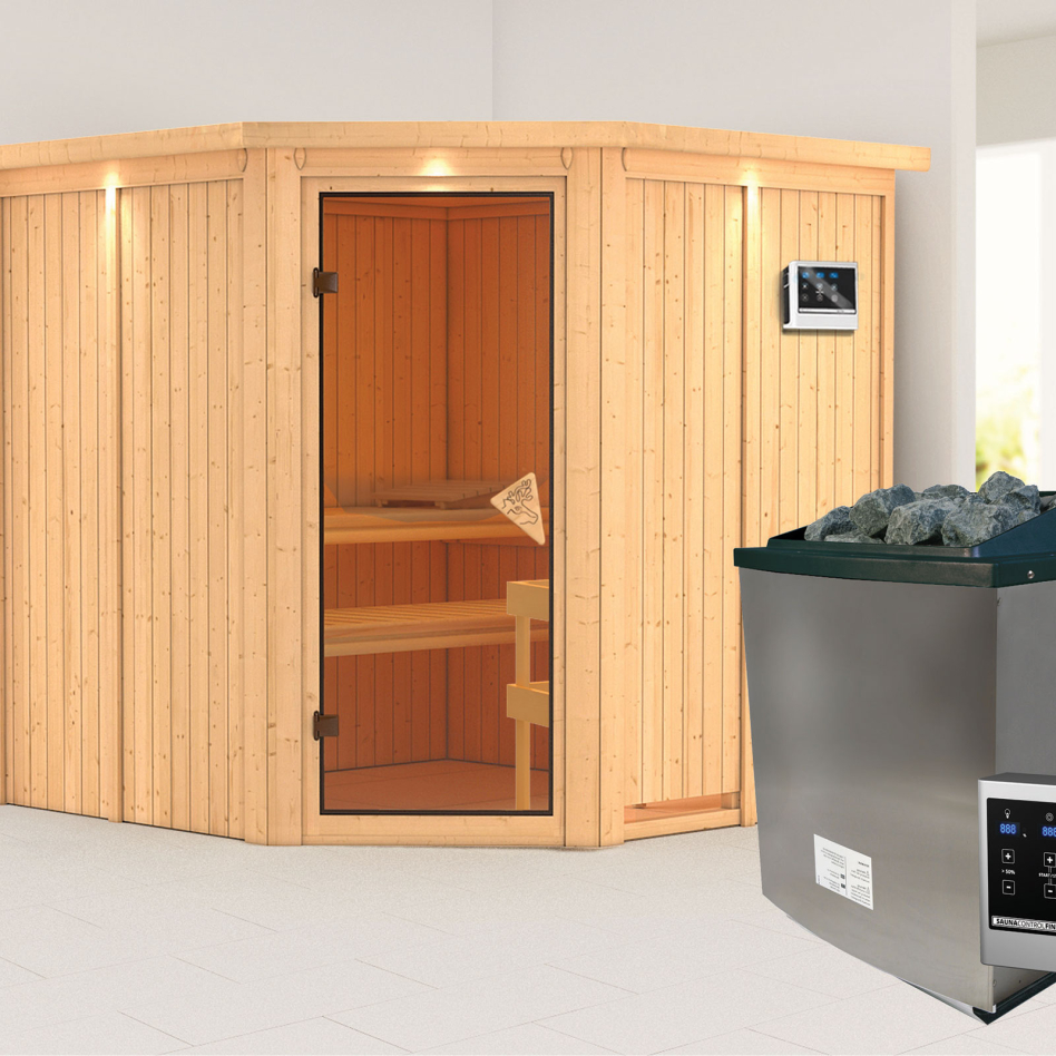 Karibu Sauna Jarin, 9 kW cmd ext. Easy Finnisch, avec costière de toiture,bronzé,Porte tout verre