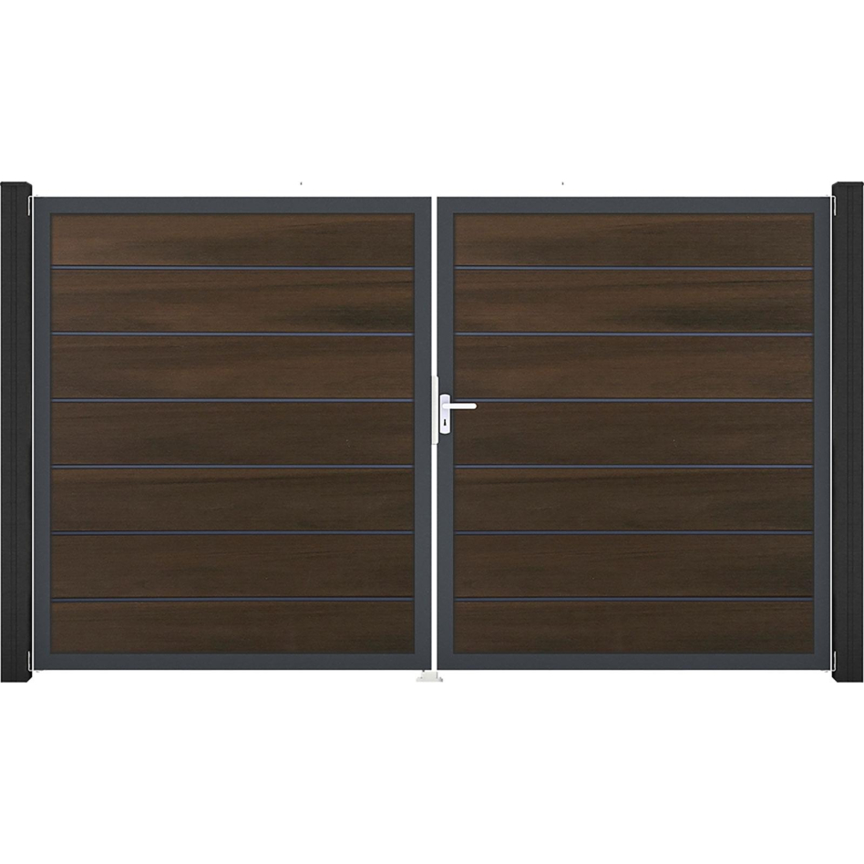 Portail double GroJa Solid Grande Premium à lames emboîtables noyer co-extrudé, DIN droite, anthracite DB 703