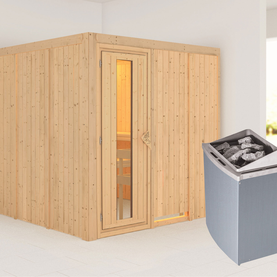 Karibu Sauna Rodin, 9 kW cmd intégrée, Porte en bois avec vitrage isolant,sans corniche,vitrage claire