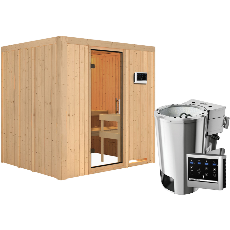 Sauna Karibu Daria, Easy Bio 3,6 kW Ofen, Porte tout verre,sans corniche,vitrage claire