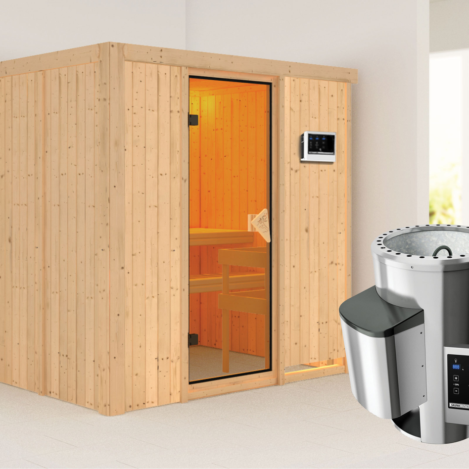 Karibu Sauna Fanja, Easy Finnisch 3,6 kW Ofen, bronzé,Porte tout verre,sans corniche