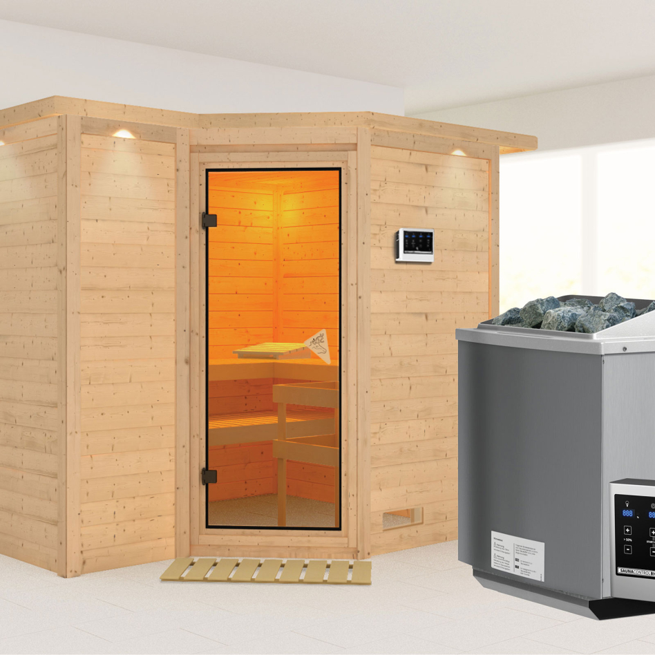 Karibu Sauna Sahib 2, 9 kW cmd ext. Easy Bio, avec costière de toiture,bronzé,Porte tout verre