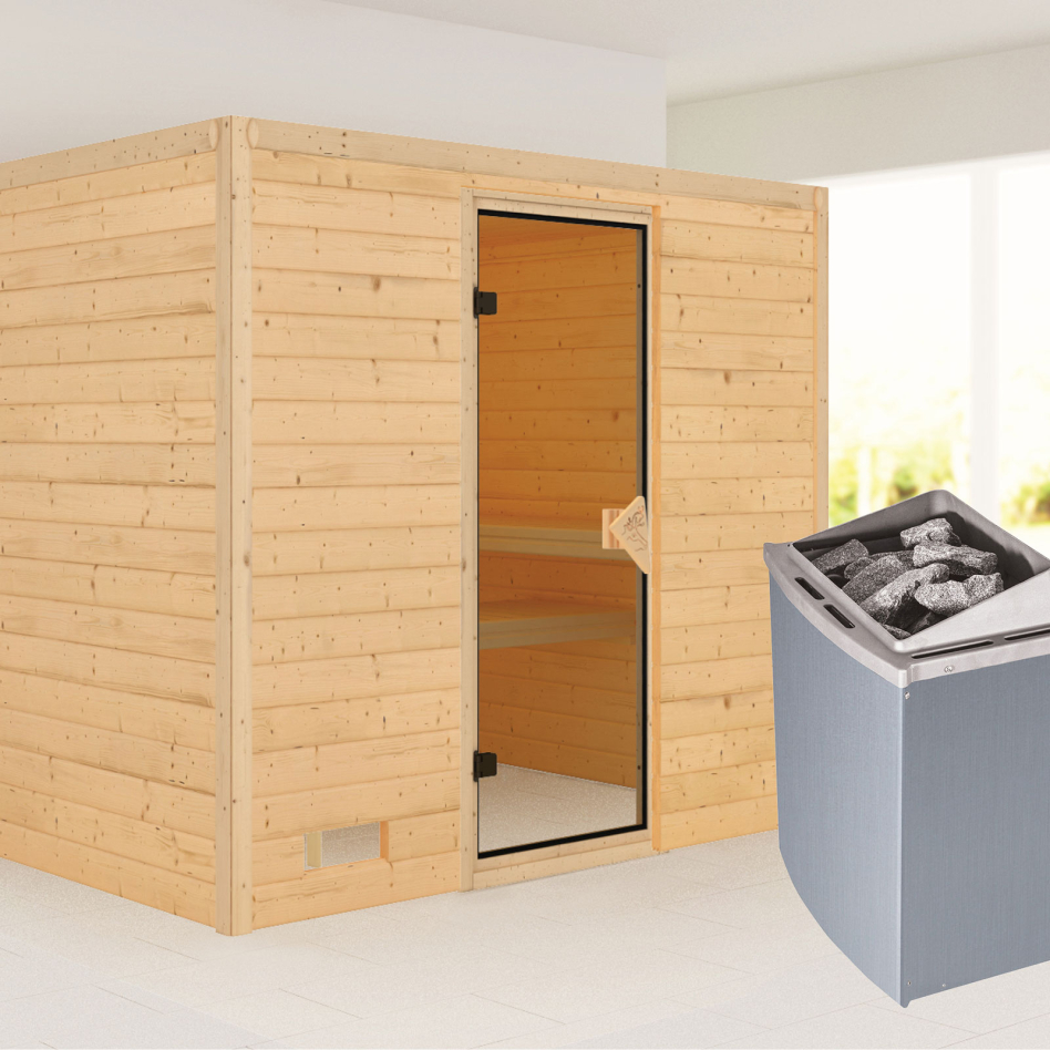 Karibu Sauna Sonara, 9 kW cmd intégrée, bronzé,Porte tout verre,sans corniche