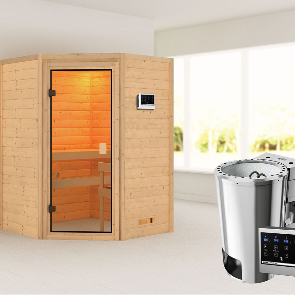 Sauna Karibu Woodfeeling Antonia, Easy Bio 3,6 kW Ofen, sans corniche
