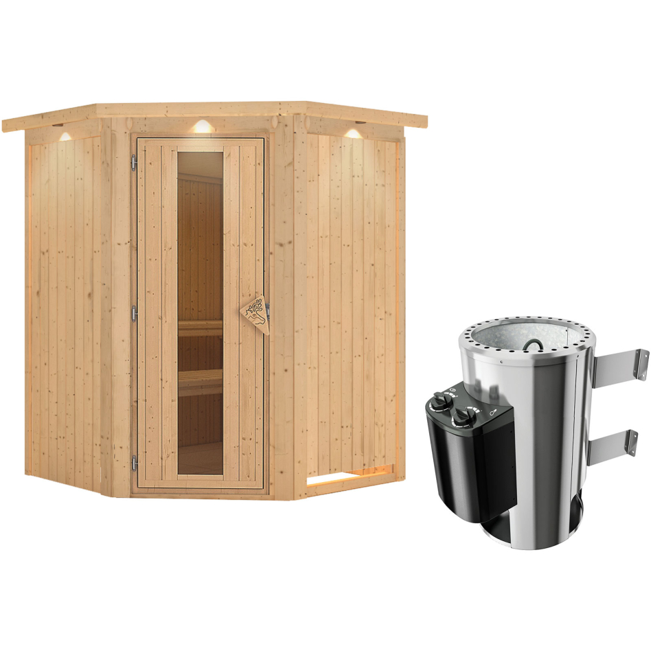 Karibu Sauna Nanja, 3,6 kW Ofen, Plug&Play int. Steuerung, avec costière de toiture,Porte en bois avec vitrage isolant,vitrage claire