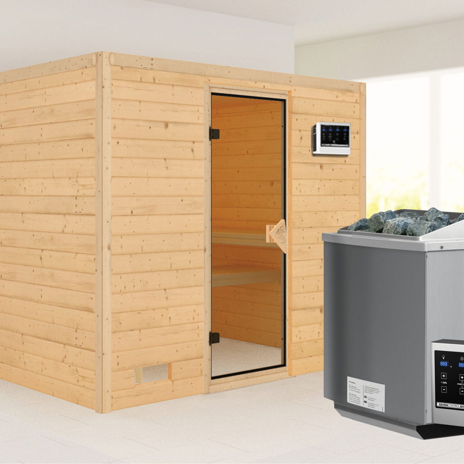 Karibu Sauna Sonara, 9 kW cmd ext. Easy Bio, bronzé,Porte tout verre,sans corniche