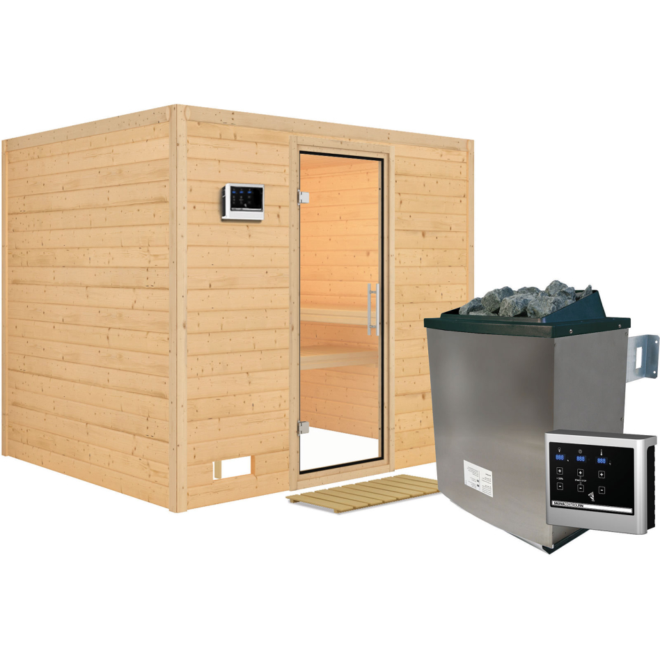 Karibu Sauna Sonara, 9 kW cmd ext. Easy Finnisch, Porte tout verre,sans corniche,vitrage claire