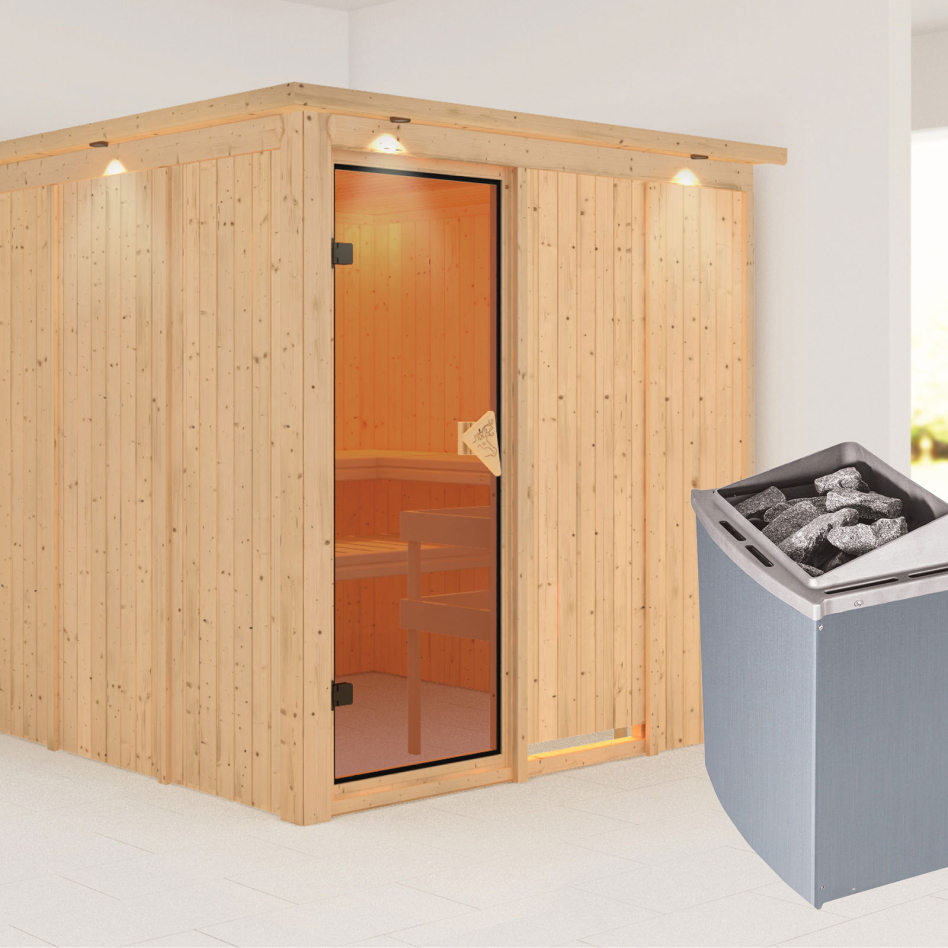 Karibu Sauna Rodin, 9 kW cmd intégrée, avec costière de toiture,bronzé,Porte tout verre