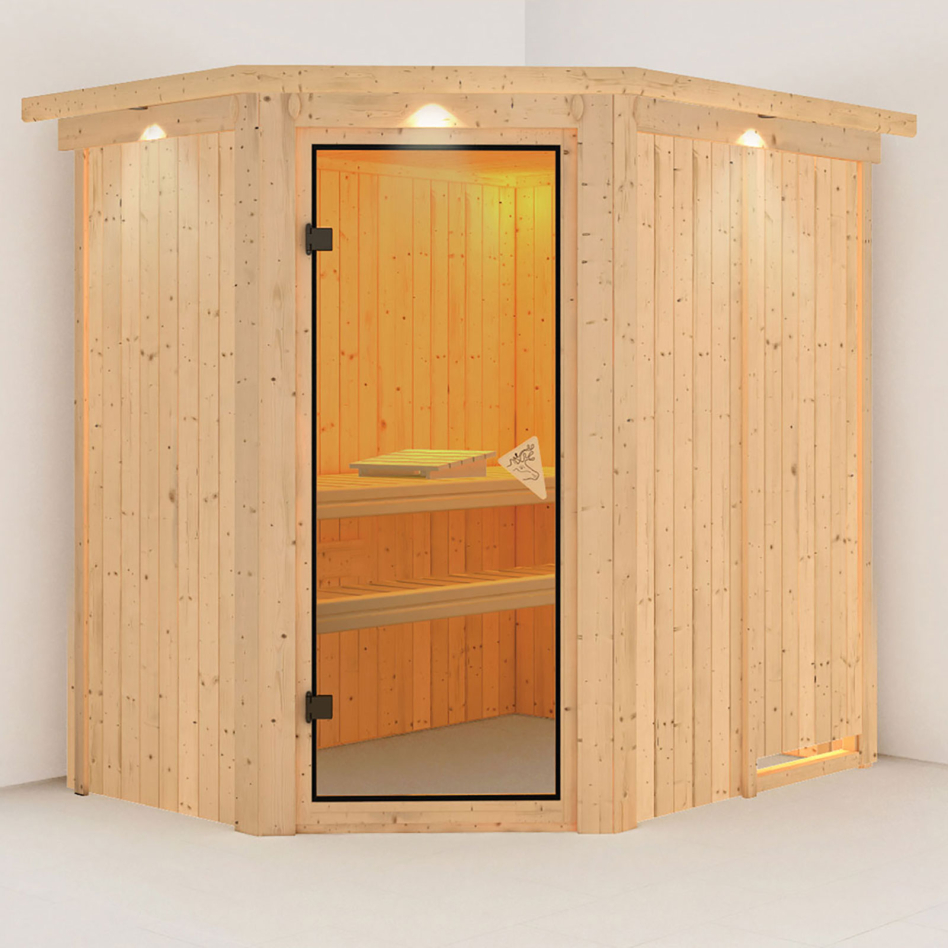 Sauna Karibu Saja, sans poêle, avec costière de toiture,bronzé,Porte tout verre