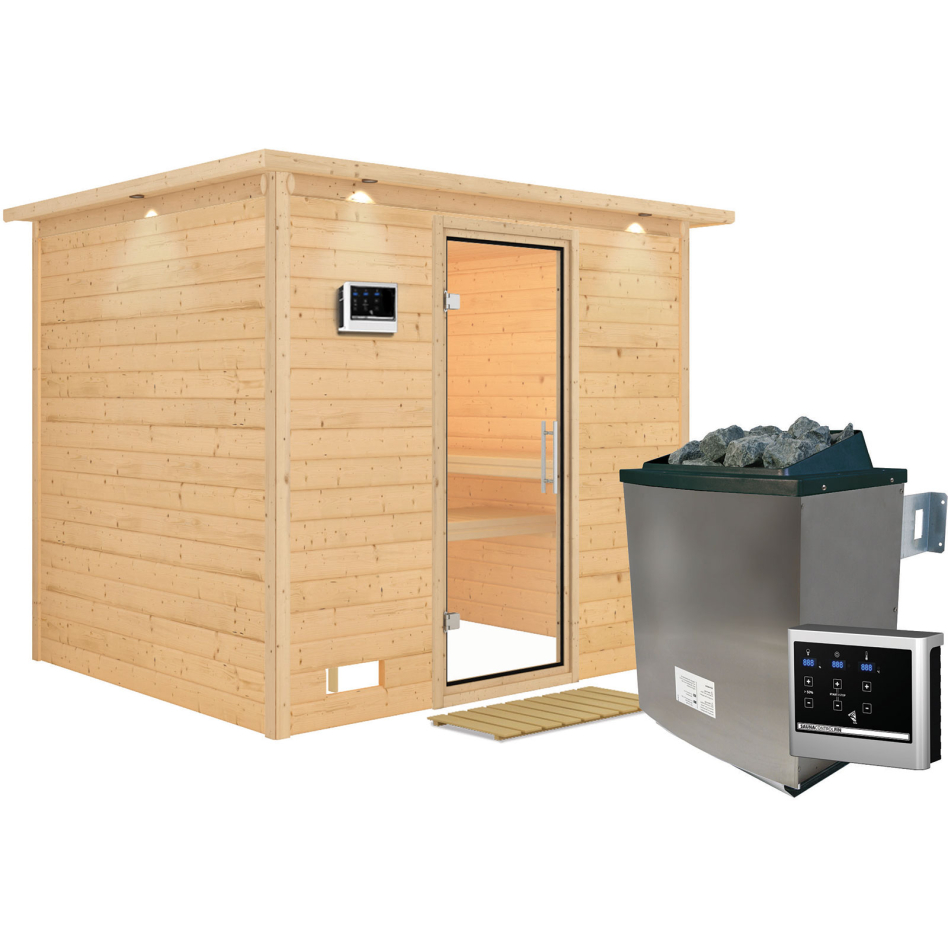 Karibu Sauna Sonara, 9 kW cmd ext. Easy Finnisch, avec costière de toiture,Porte tout verre,vitrage claire