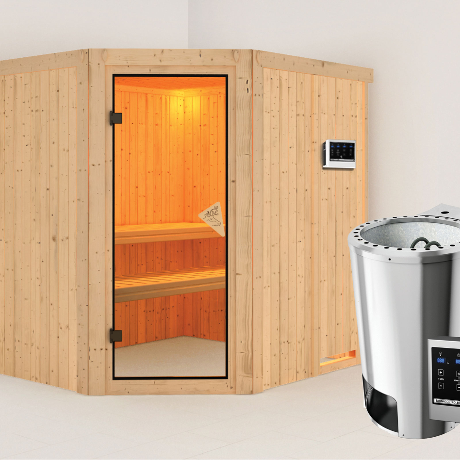 Sauna Karibu Lilja, Easy Bio 3,6 kW Ofen, bronzé,Porte tout verre,sans corniche