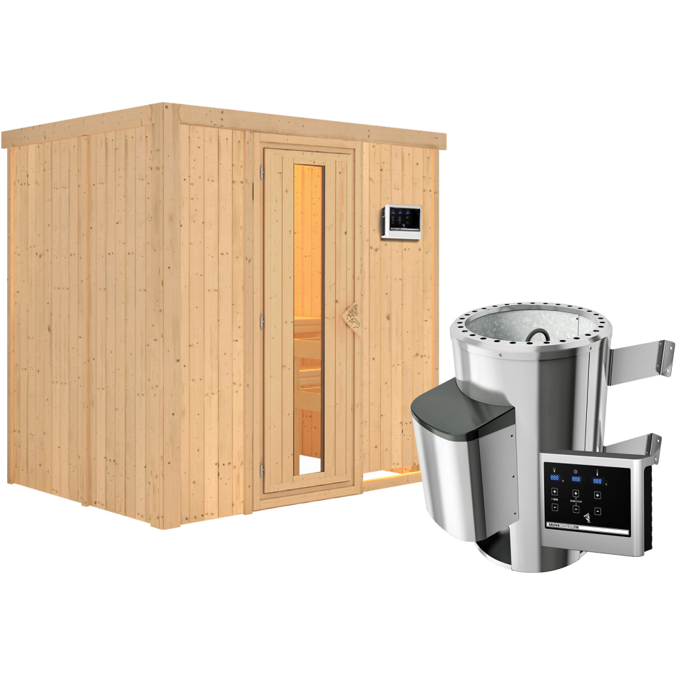 Karibu Sauna Fanja, Easy Finnisch 3,6 kW Ofen, Porte en bois avec vitrage isolant,sans corniche,vitrage claire