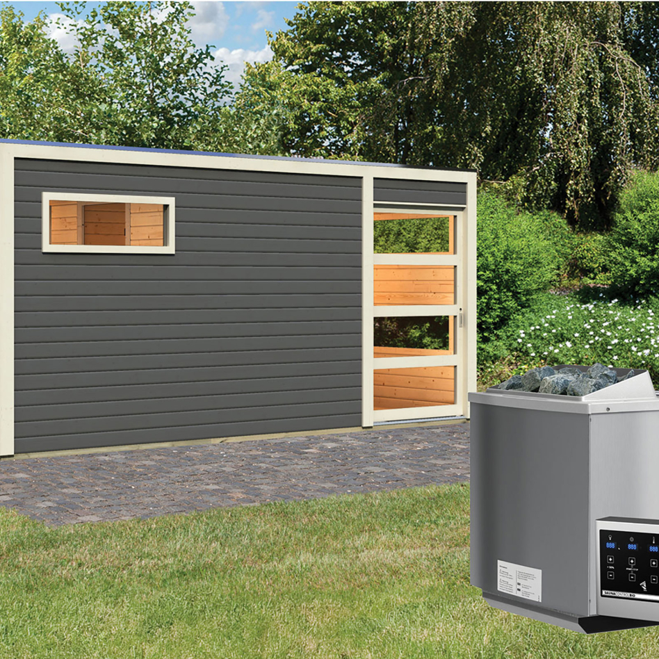 Maison de sauna en bois Karibu Hygge gris terre, 9 kW cmd ext. Easy Bio