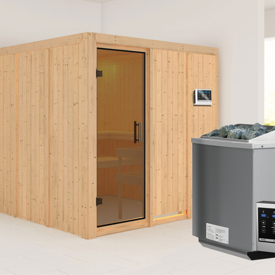 Karibu Sauna Rodin, 9 kW cmd ext. Easy Bio, graphit,Porte tout verre,sans corniche