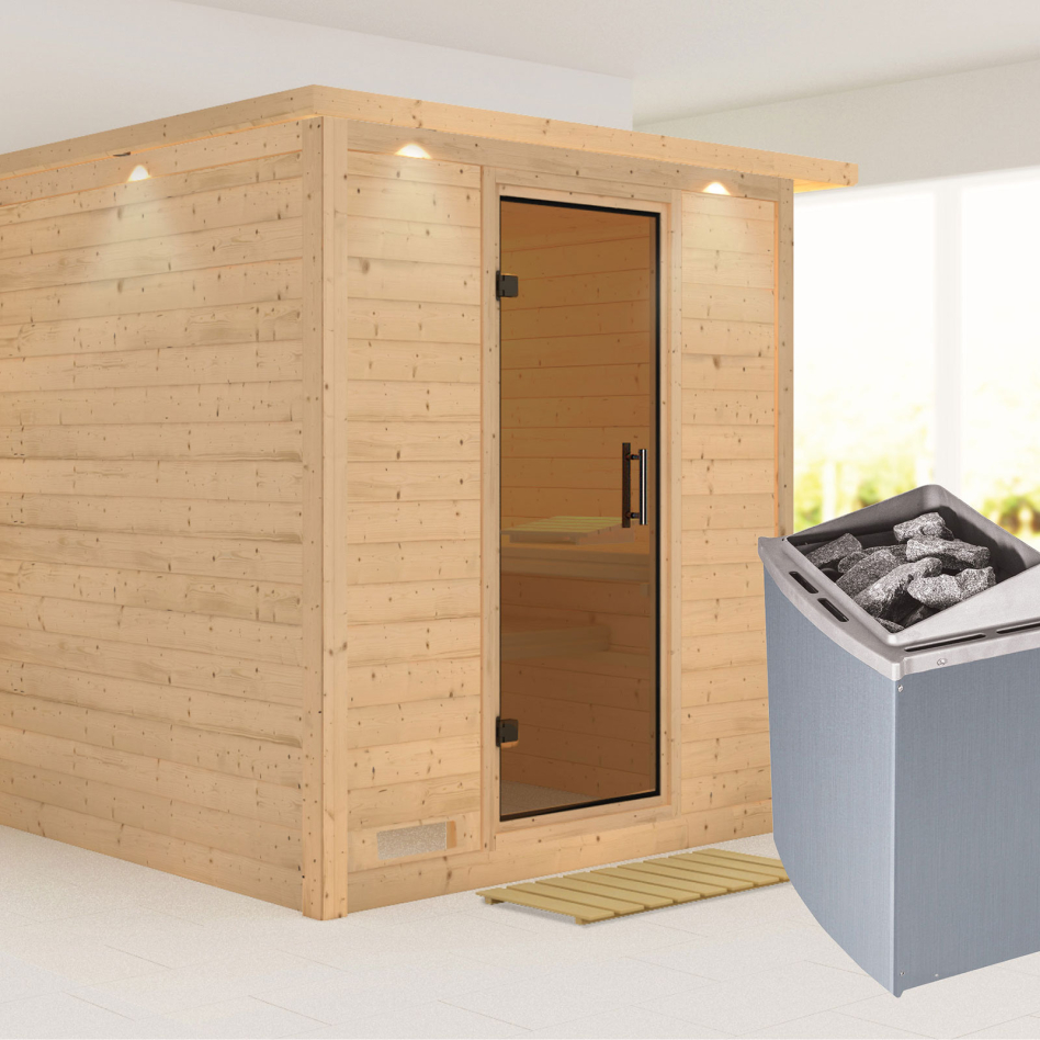 Karibu Sauna Mojave, 9 kW cmd intégrée, avec costière de toiture,graphit,Porte tout verre