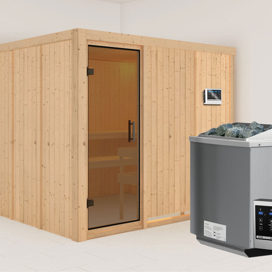 Karibu Sauna Gobin, 9 kW cmd ext. Easy Bio, graphit,Porte tout verre,sans corniche