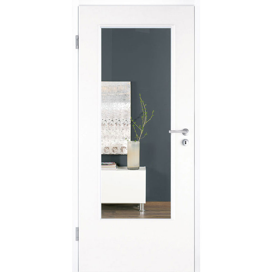 Porte de chambre, bois laqué, Kilsgaard verre blanc type 42/LA, DIN gauche, 985x1985 mm,bord arrondi,vitrage clair (ESG)