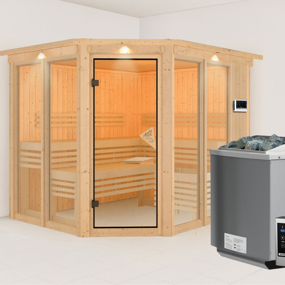 Sauna Karibu Ainur, 9 kW cmd ext. Easy Bio, avec costière de toiture