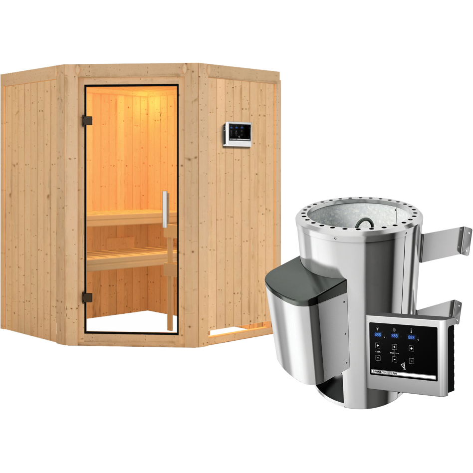 Karibu Sauna Nanja, Easy Finnisch 3,6 kW Ofen, Porte tout verre,sans corniche,vitrage claire