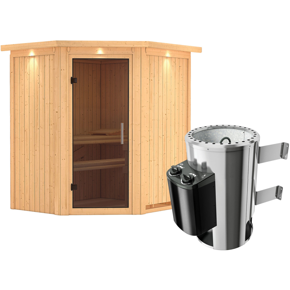 Karibu Sauna Tonja, 3,6 kW Ofen, Plug&Play int. Steuerung, avec costière de toiture,graphit,Porte tout verre