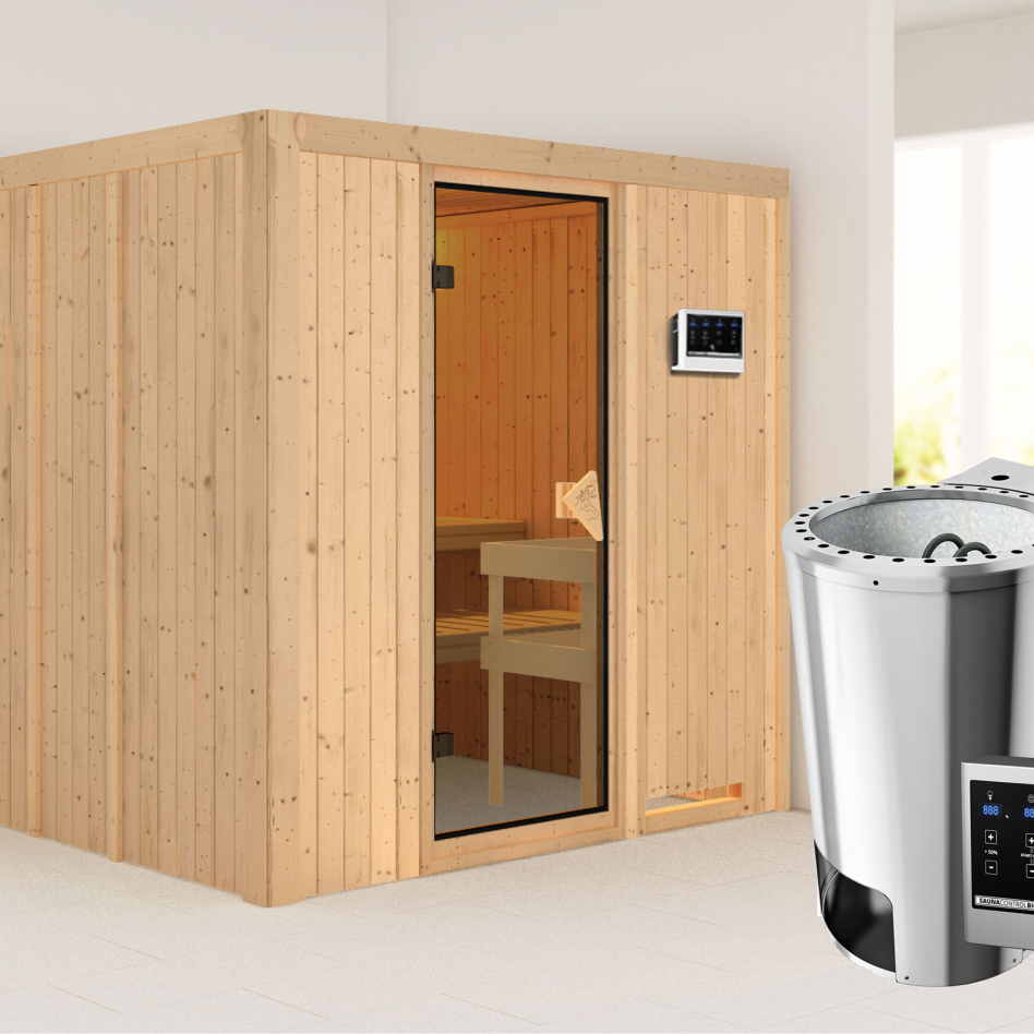 Sauna Karibu Daria, Easy Bio 3,6 kW Ofen, bronzé,Porte tout verre,sans corniche