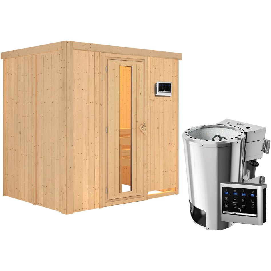 Karibu Sauna Fanja, Easy Bio 3,6 kW Ofen, Porte en bois avec vitrage isolant,sans corniche,vitrage claire