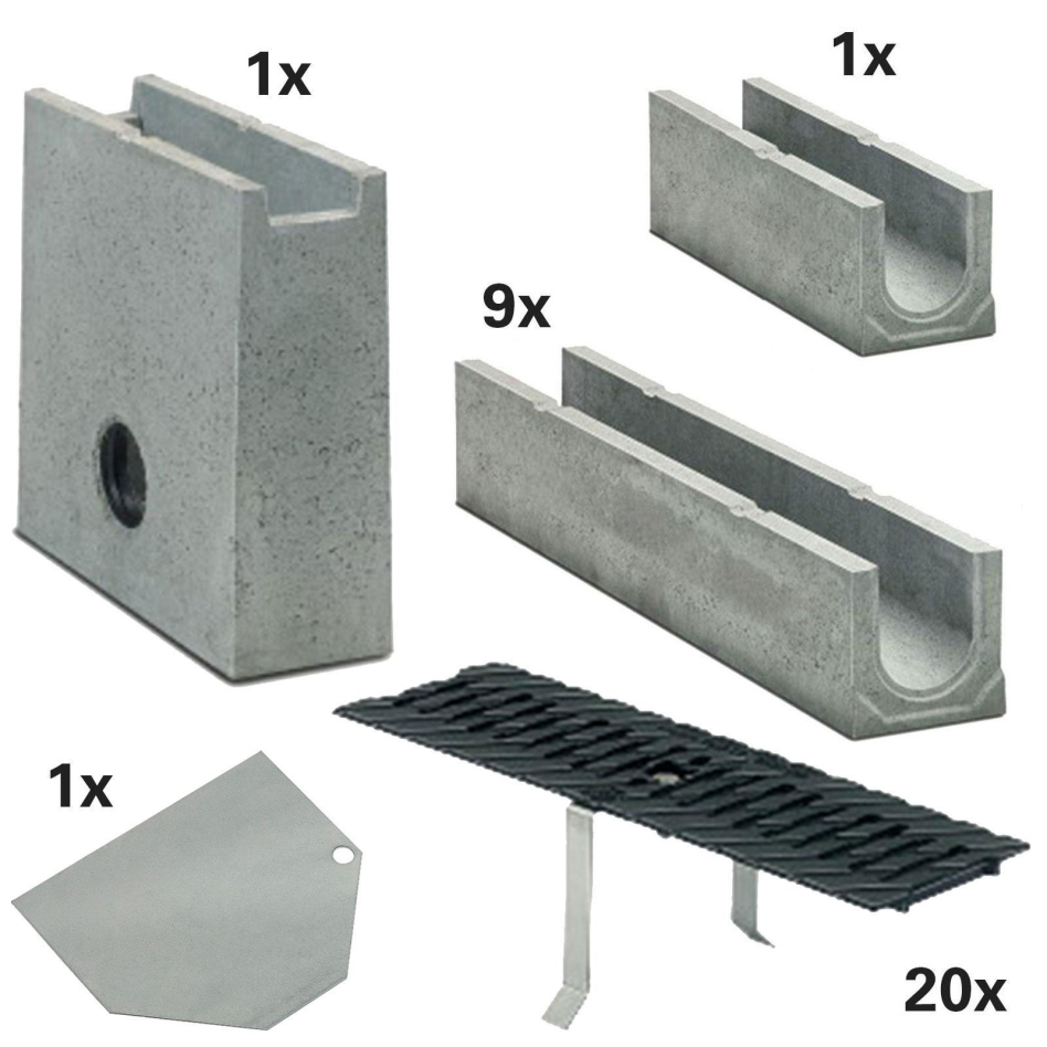Set de caniveau de drainage BIRCO Plus, 10 m, Avaloir,avec grille en fonte,avec pente intérieur,C 250 (25 to)