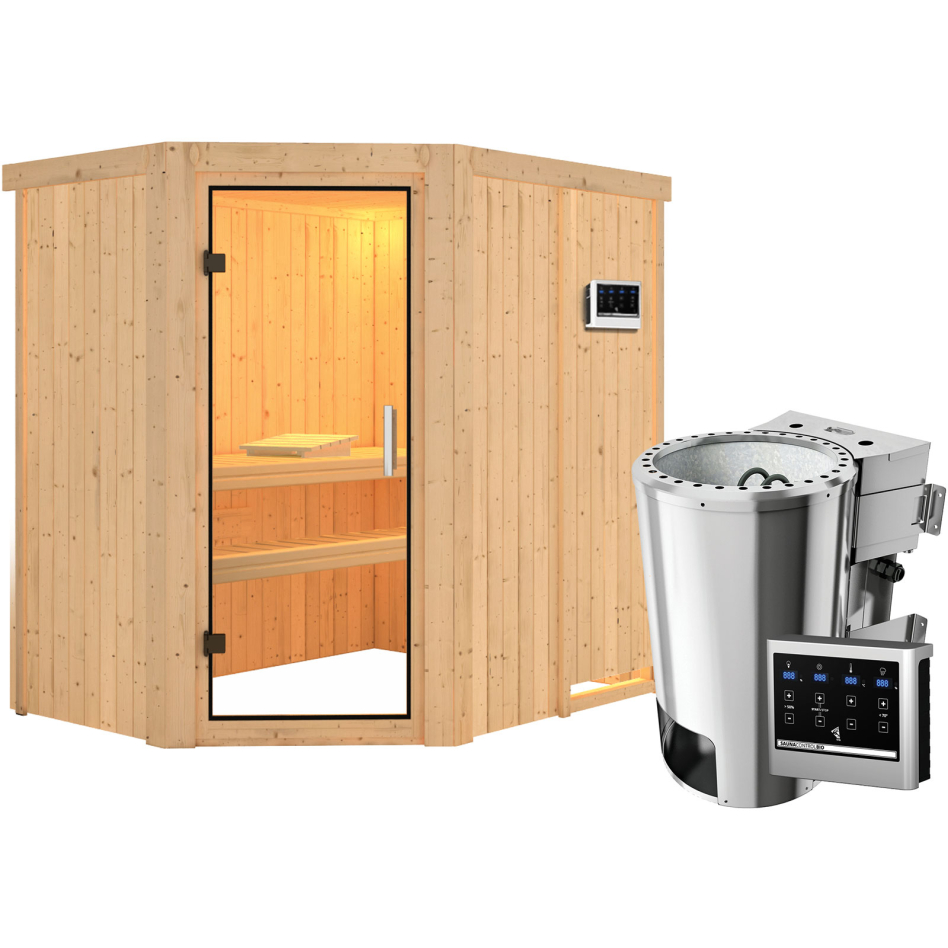 Sauna Karibu Saja, Easy Bio 3,6 kW Ofen, Porte tout verre,sans corniche,vitrage claire