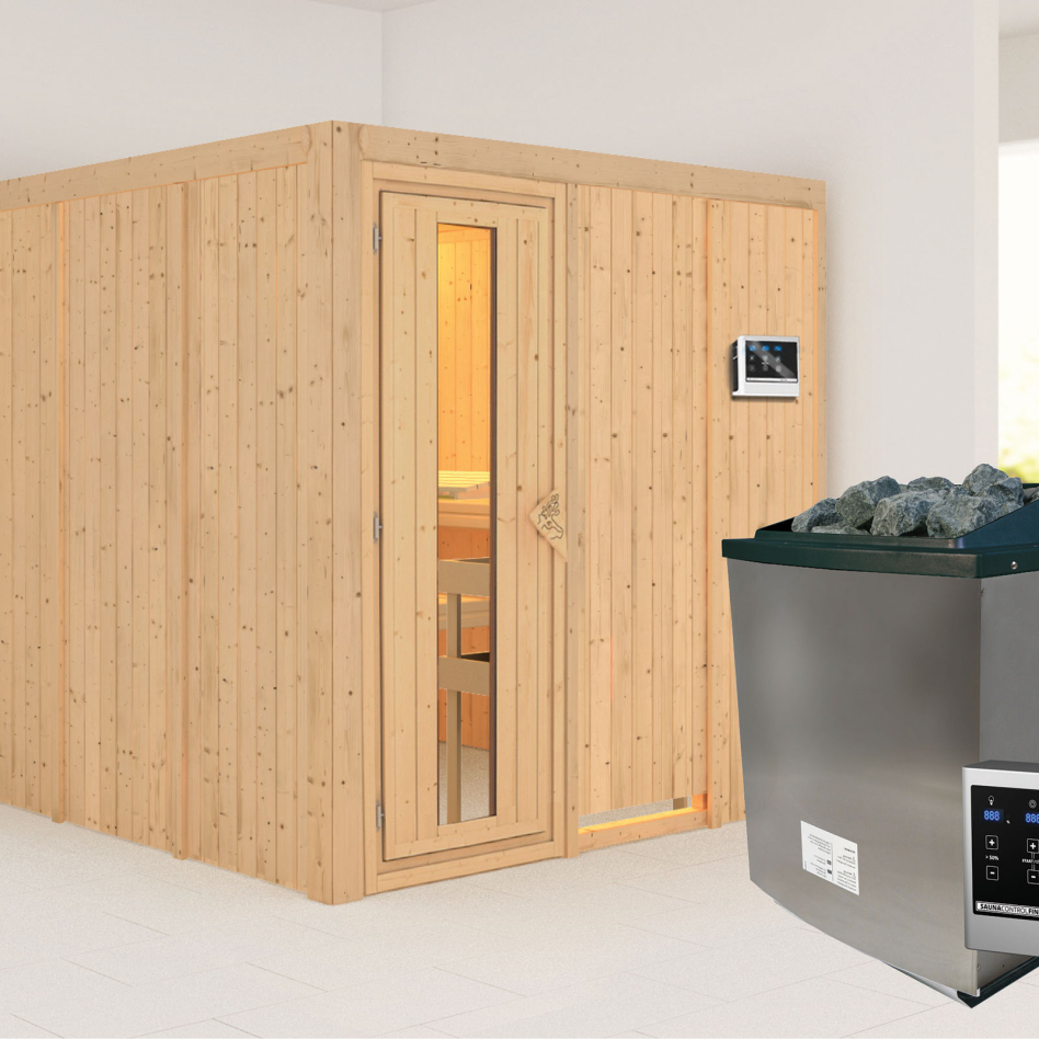 Karibu Sauna Rodin, 9 kW cmd ext. Easy Finnisch, Porte en bois avec vitrage isolant,sans corniche,vitrage claire