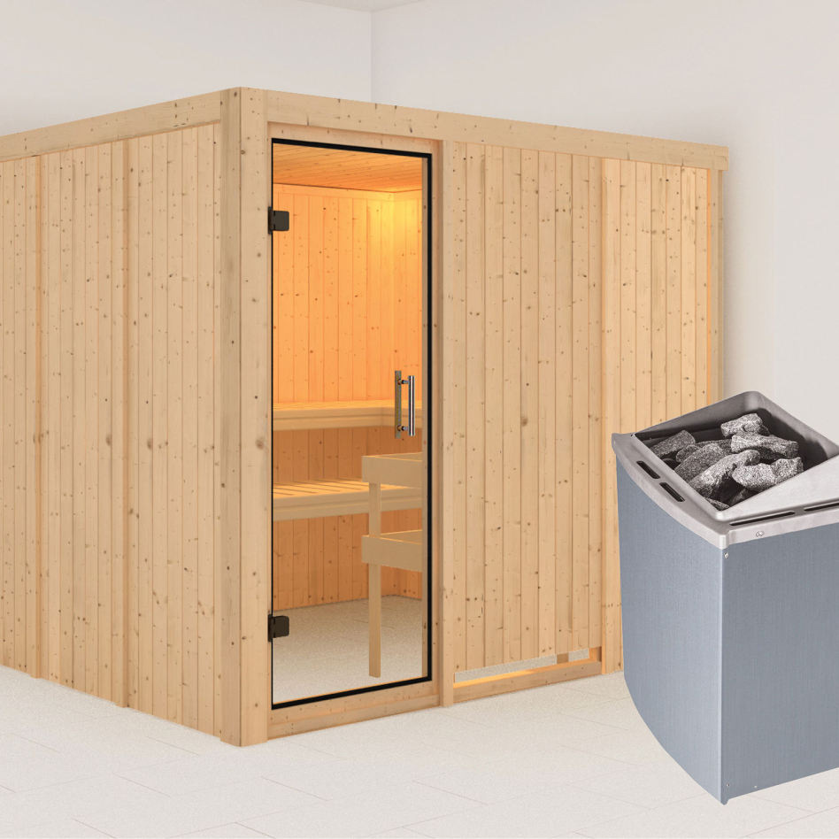 Karibu Sauna Gobin, 9 kW cmd intégrée, Porte tout verre,sans corniche,vitrage claire