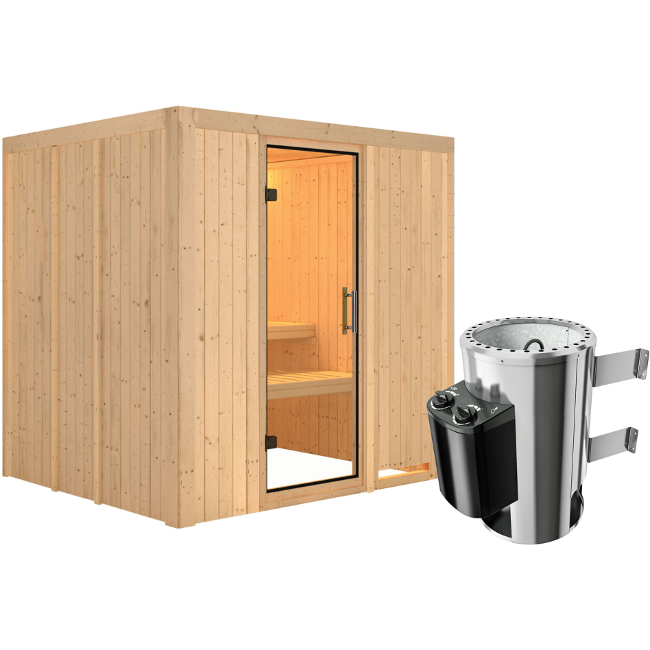 Sauna Karibu Daria, 3,6 kW Ofen, Plug&Play int. Steuerung, Porte tout verre,sans corniche,vitrage claire