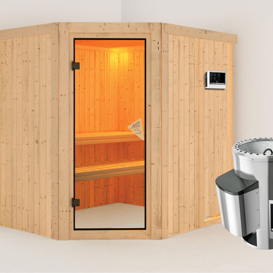 Sauna Karibu Lilja, Easy Finnisch 3,6 kW Ofen, bronzé,Porte tout verre,sans corniche