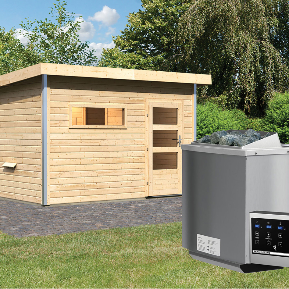 Maison de sauna Karibu Skrollan 2 Naturel, 9 kW cmd ext. Easy Bio, vitrage claire