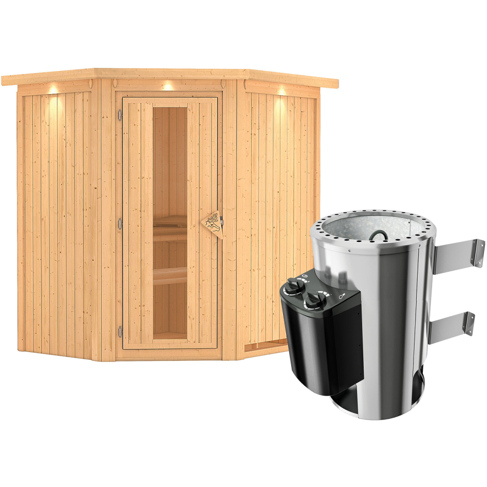 Karibu Sauna Tonja, 3,6 kW Ofen, Plug&Play int. Steuerung, avec costière de toiture,Porte en bois avec vitrage isolant,vitrage claire