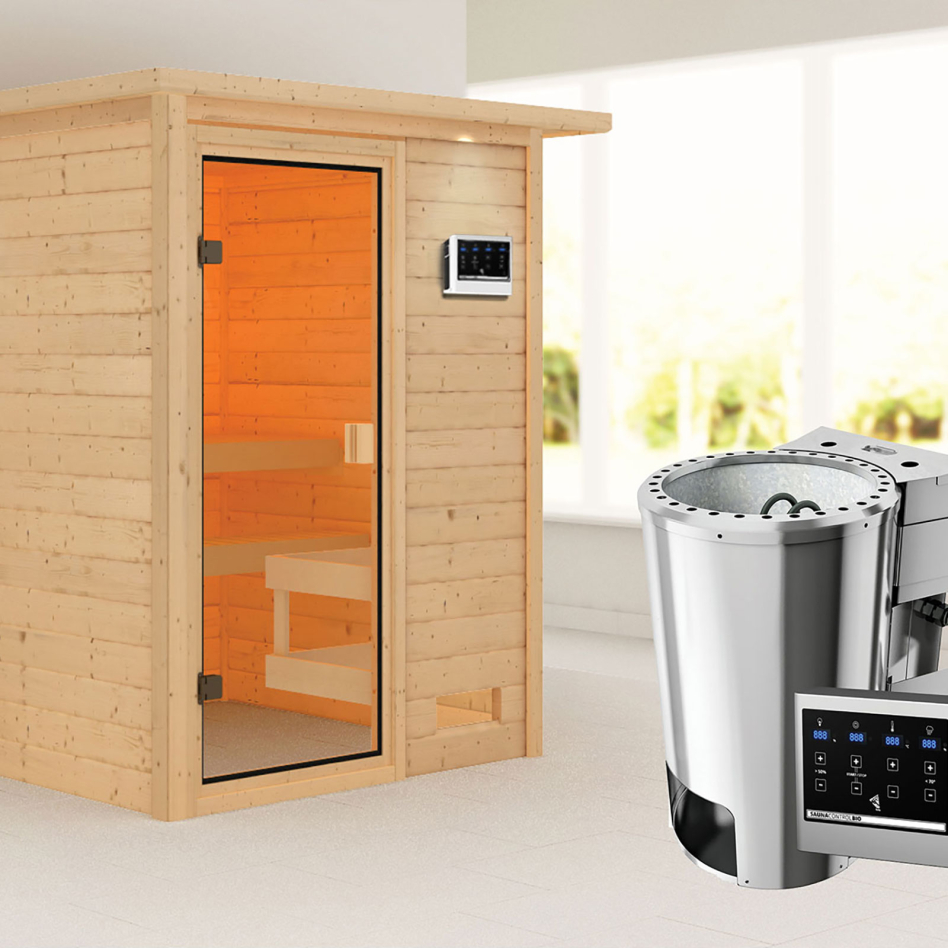 Sauna Karibu Woodfeeling Sandra, Easy Bio 3,6 kW Ofen, avec costière de toiture