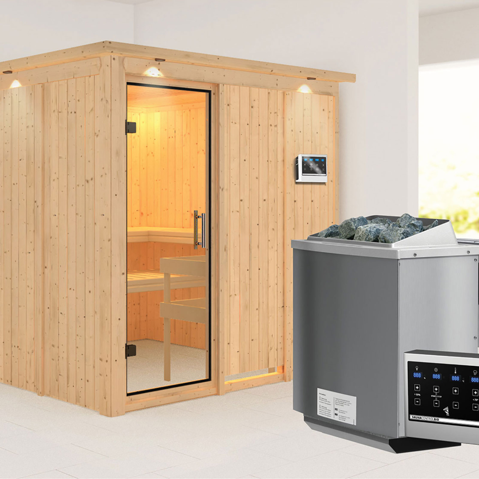 Karibu Sauna Rodin, 9 kW cmd ext. Easy Bio, avec costière de toiture,Porte tout verre,vitrage claire