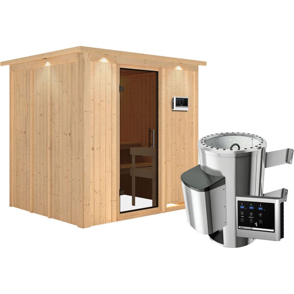 Sauna Karibu Daria, Easy Finnisch 3,6 kW Ofen, avec costière de toiture,graphit,Porte tout verre