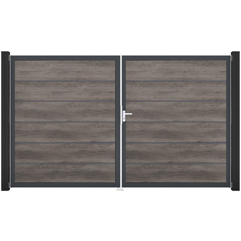 GroJa Doppeltor BasicLine Premium PVC-Steckzaun Monument Oak , DIN Rechts, Anthrazit DB 703