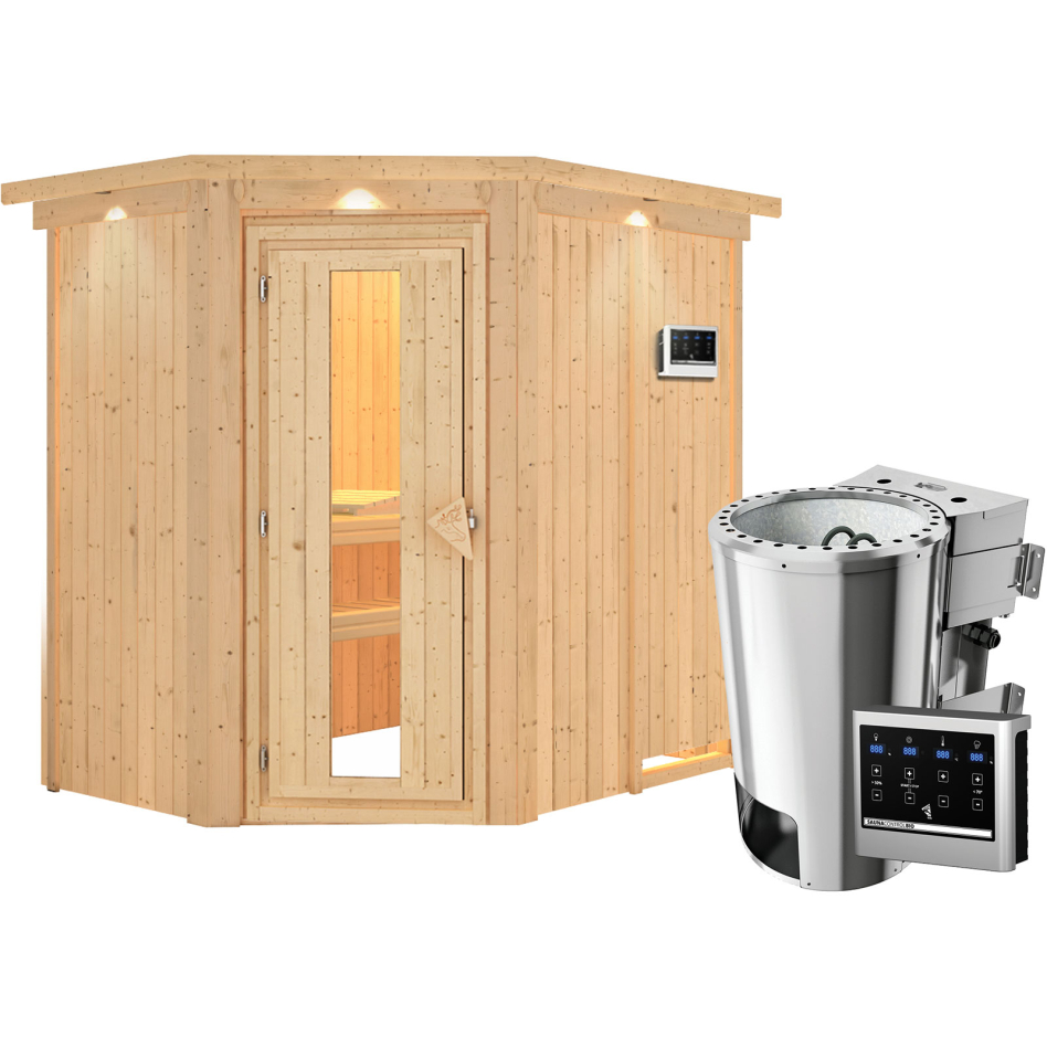 Sauna Karibu Saja, Easy Bio 3,6 kW Ofen, avec costière de toiture,Porte en bois avec vitrage isolant,vitrage claire