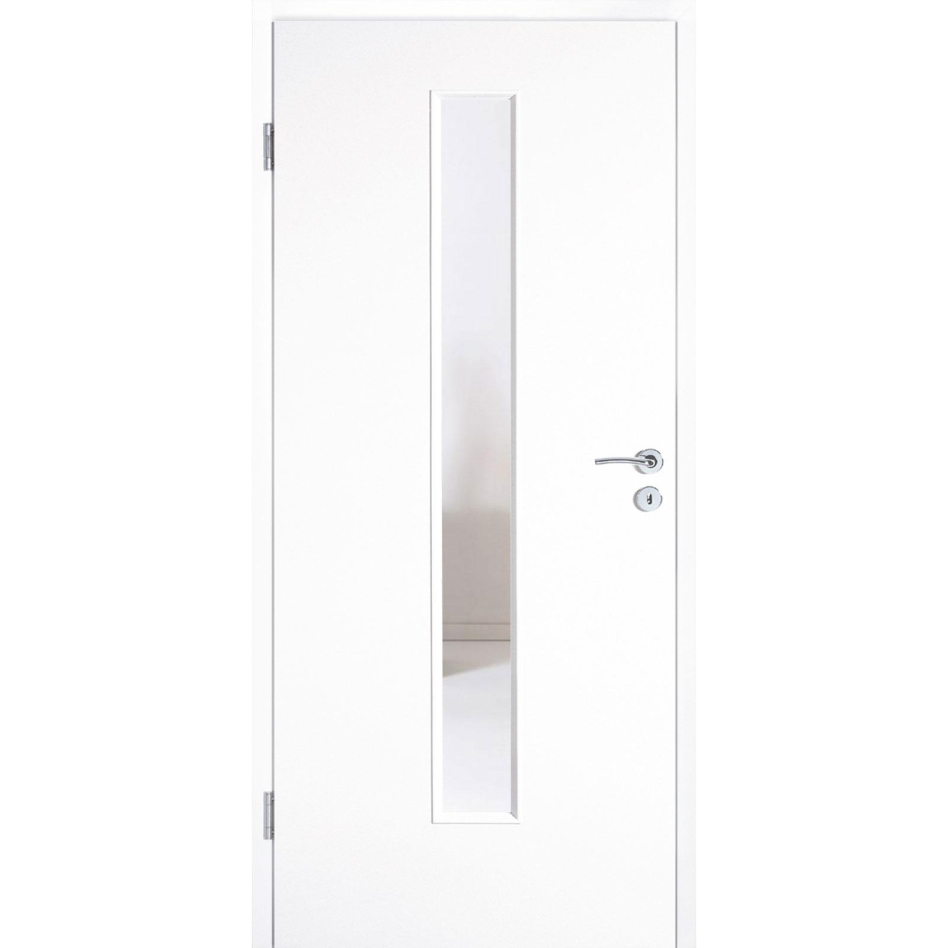 Kilsgaard Zimmertür mit Lichtausschnitt/Glas schmal mittig Weiß lackiert Lamikor Typ 43/LA05 Rundkante, DIN Links, 860x1985 mm,Klarglas (ESG)