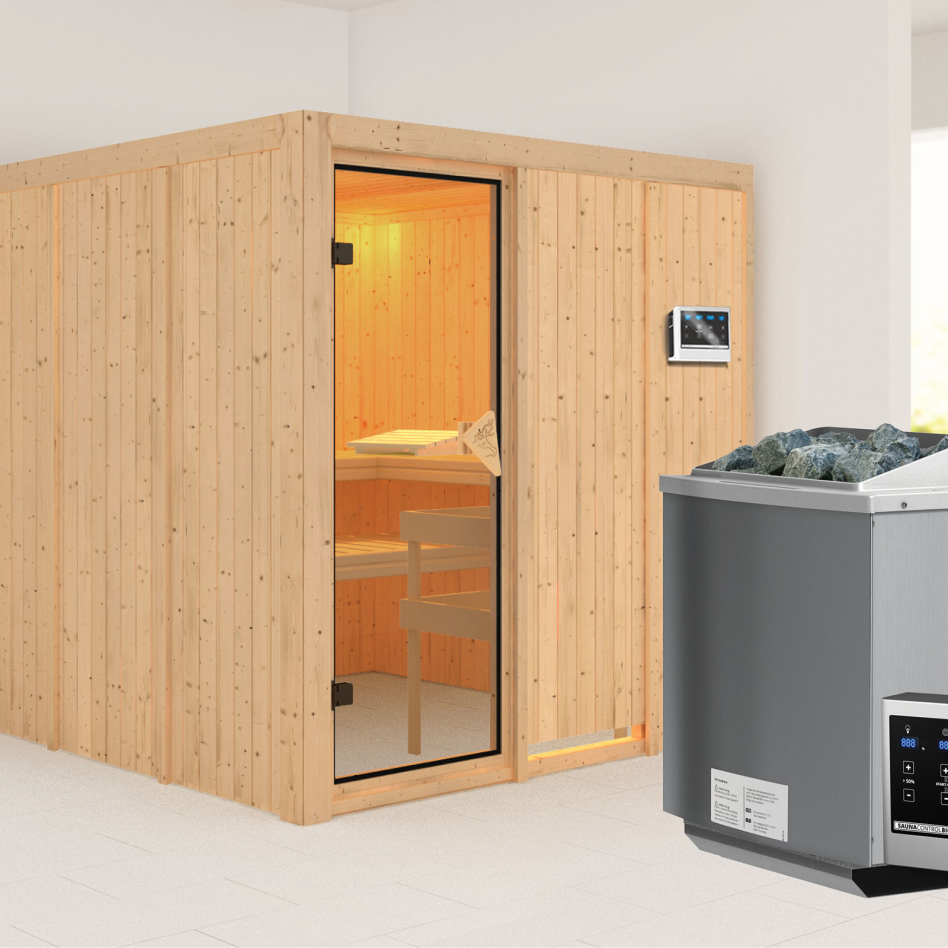 Karibu Sauna Rodin, 9 kW cmd ext. Easy Bio, bronzé,Porte tout verre,sans corniche