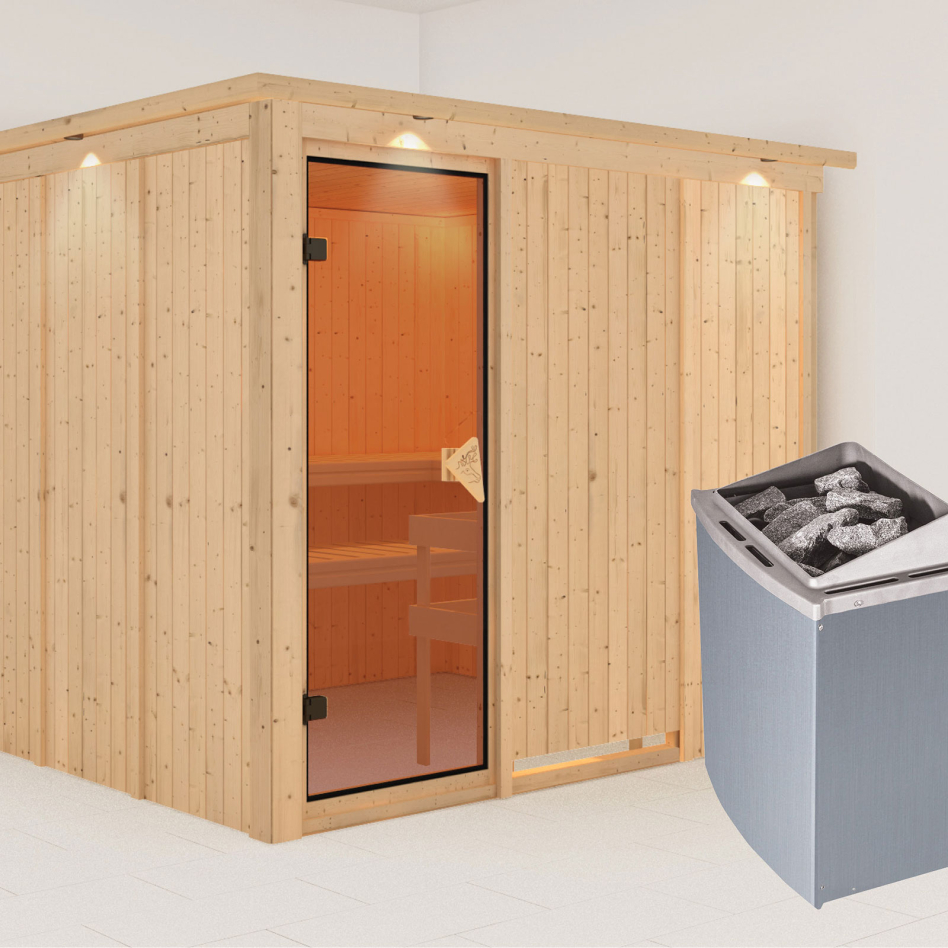 Karibu Sauna Gobin, 9 kW cmd intégrée, avec costière de toiture,bronzé,Porte tout verre