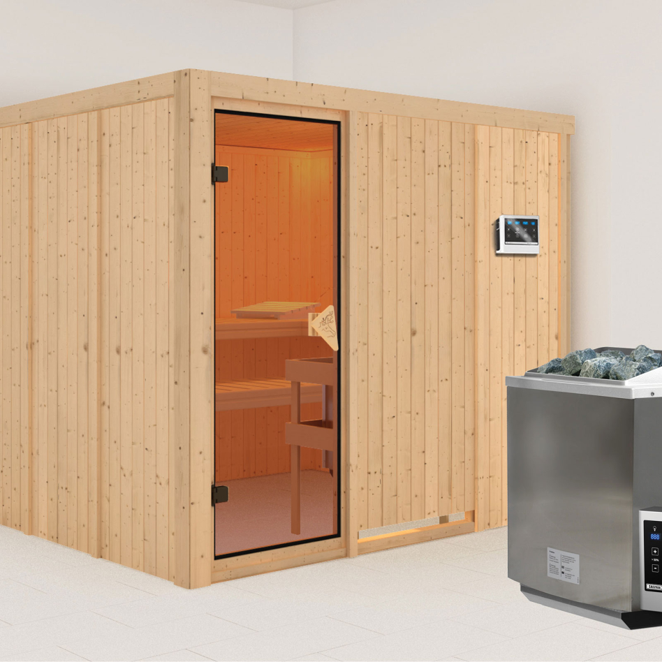 Karibu Sauna Gobin, 9 kW cmd ext. Easy Bio, bronzé,Porte tout verre,sans corniche