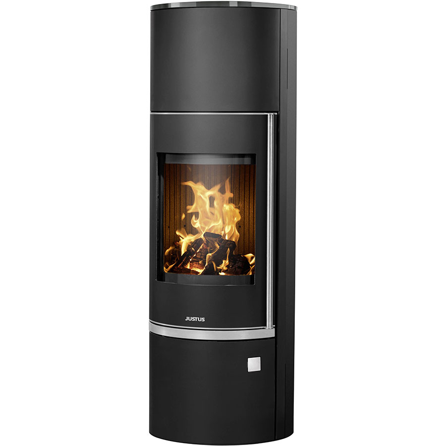 Justus Kaminofen Faro W+ 2.0 mit Speicherstein, Glas, Schwarz,Stahl